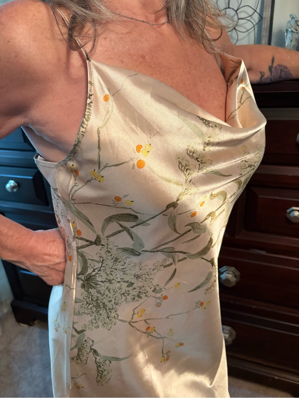 Source Unknown Blush Satin Midi Slip Dress with Olive Botanical Print